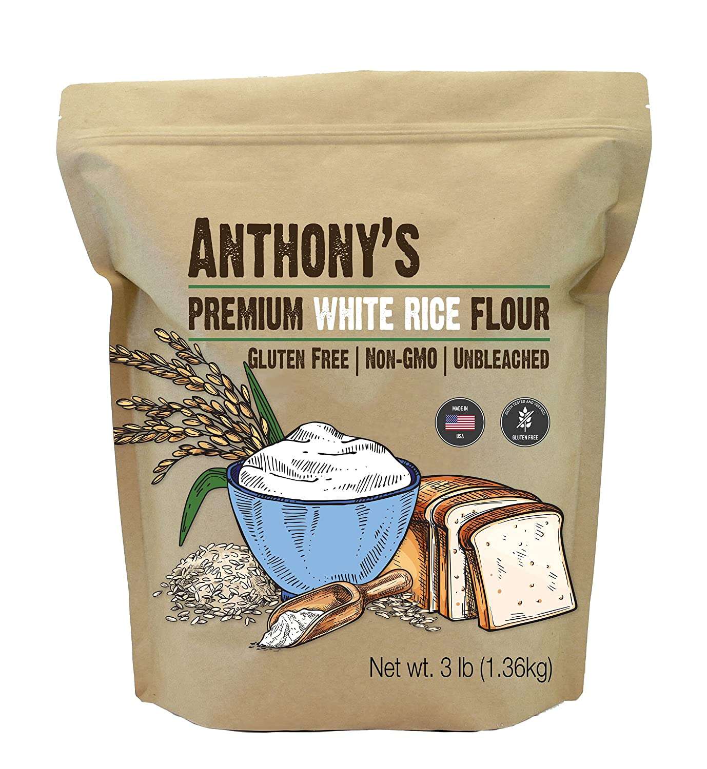 Anthony’s Premium White Rice Flour, 3 lb, Gluten Free, Non GMO, Unbleached