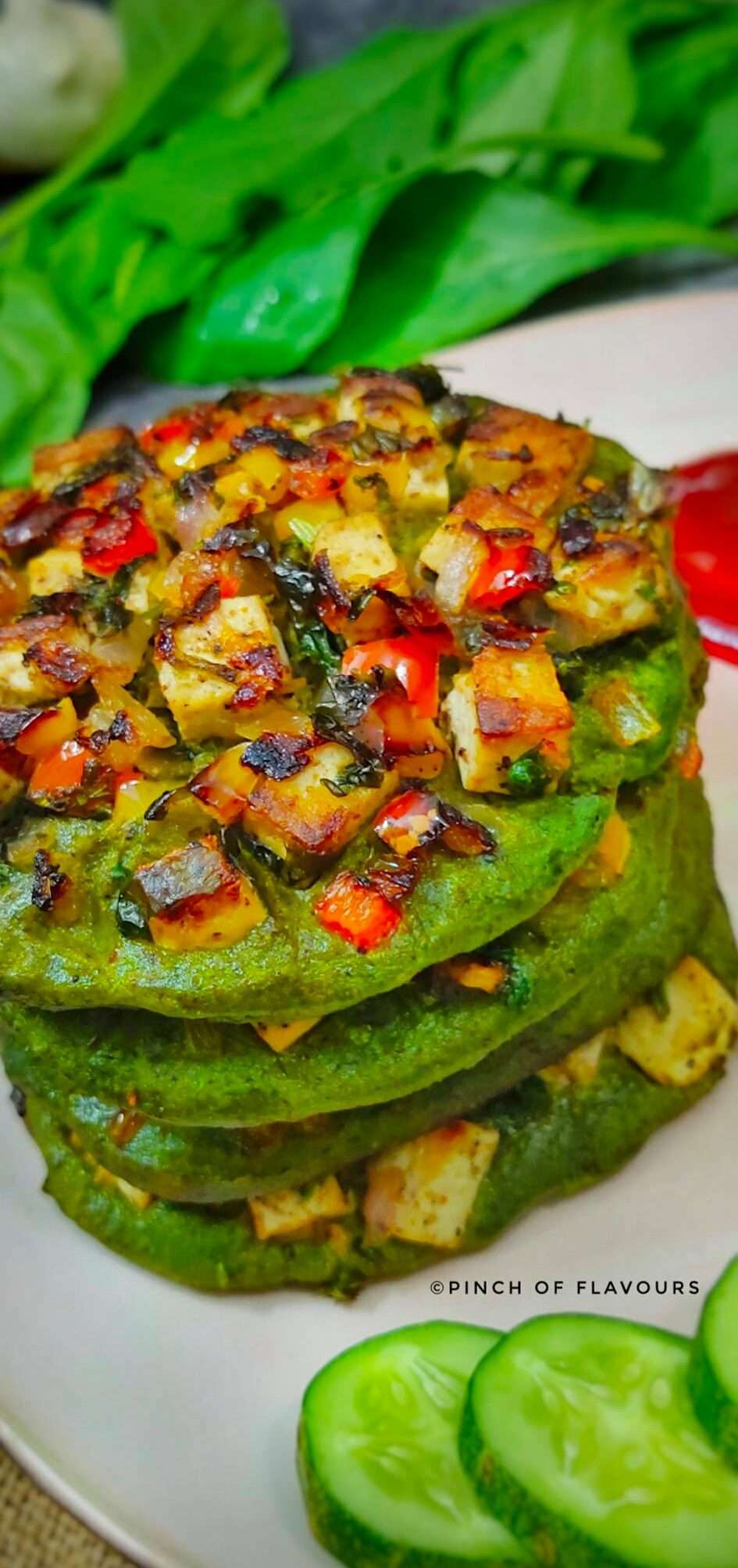Healthy Oatmeal Spinach Pancake With Spicy Tofu 