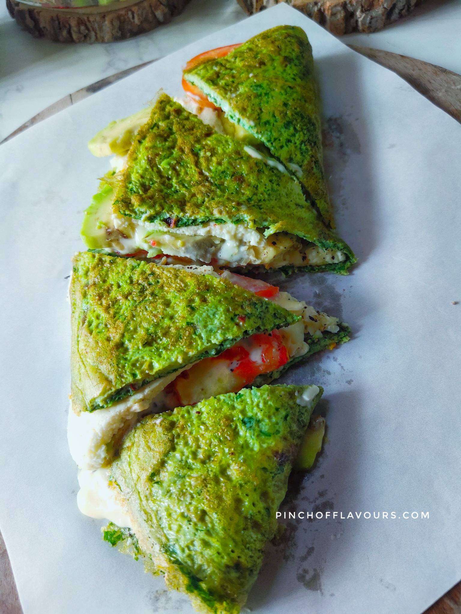 Spinach Crepes With Avocado And Cheese