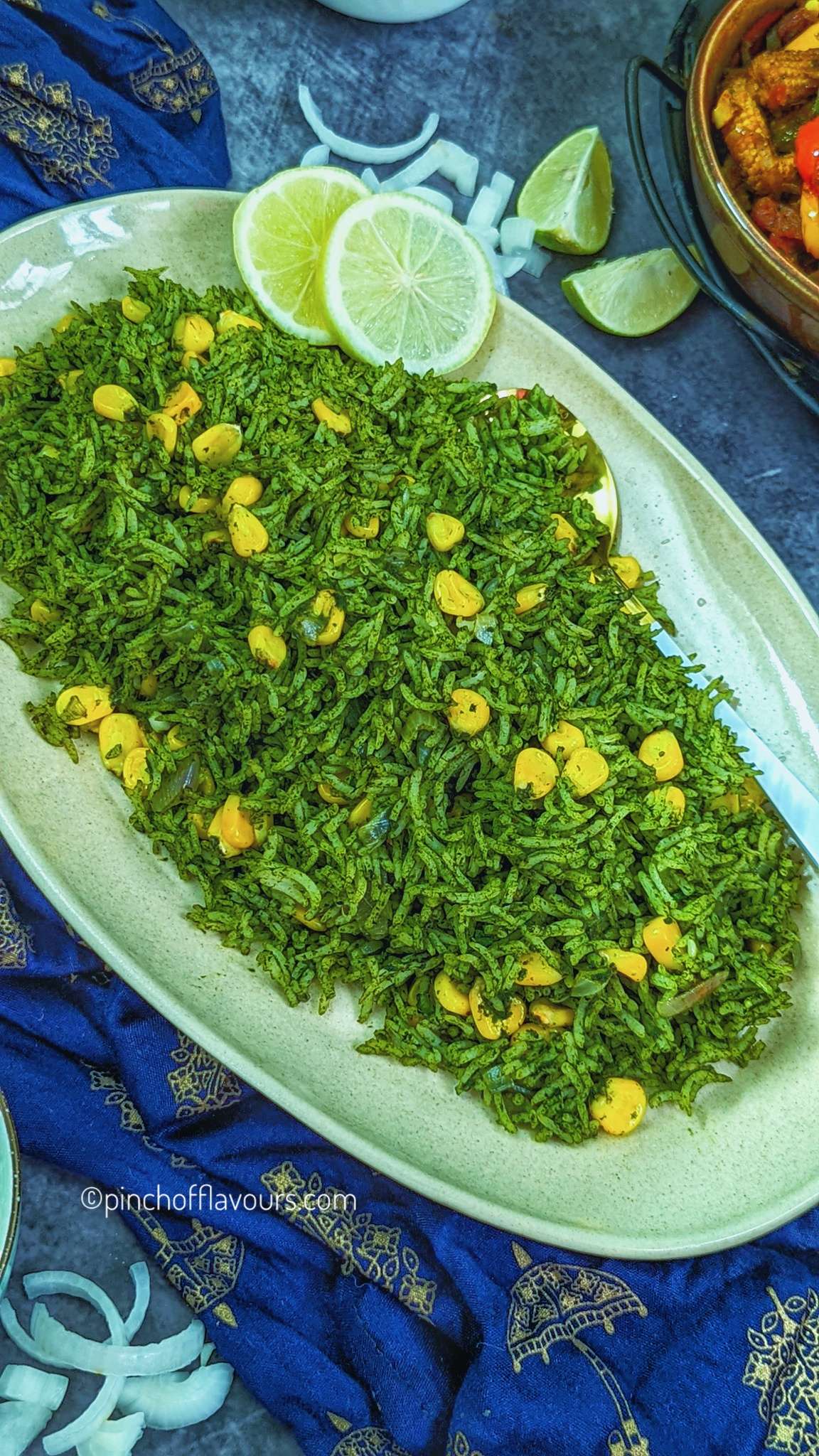 Spinach Corn Rice | Palak Corn Pulao