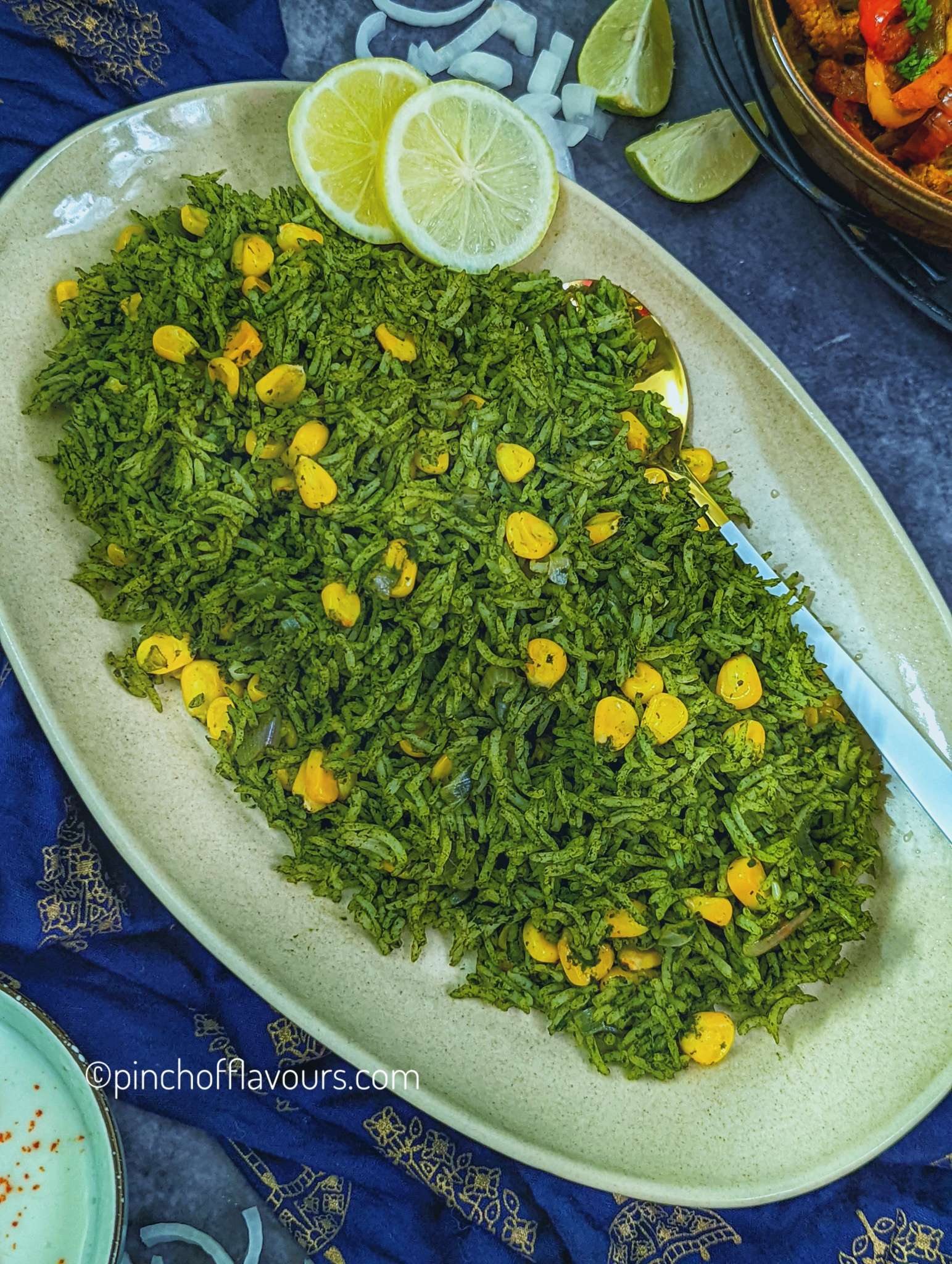 Spinach Corn Rice | Palak Corn Pulao